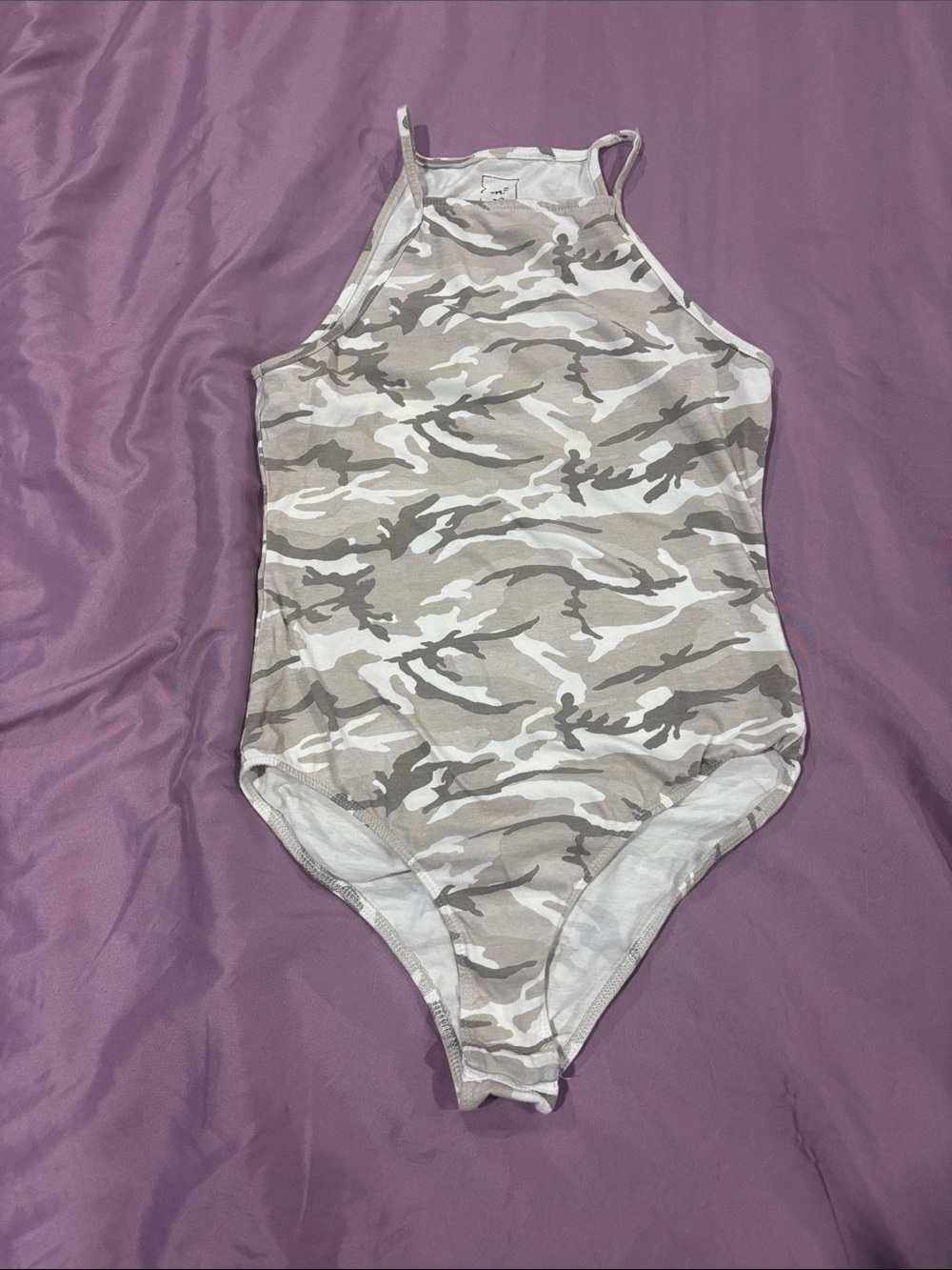 High-Neck Camo-Print Bodysuit in Beige and Light Gray